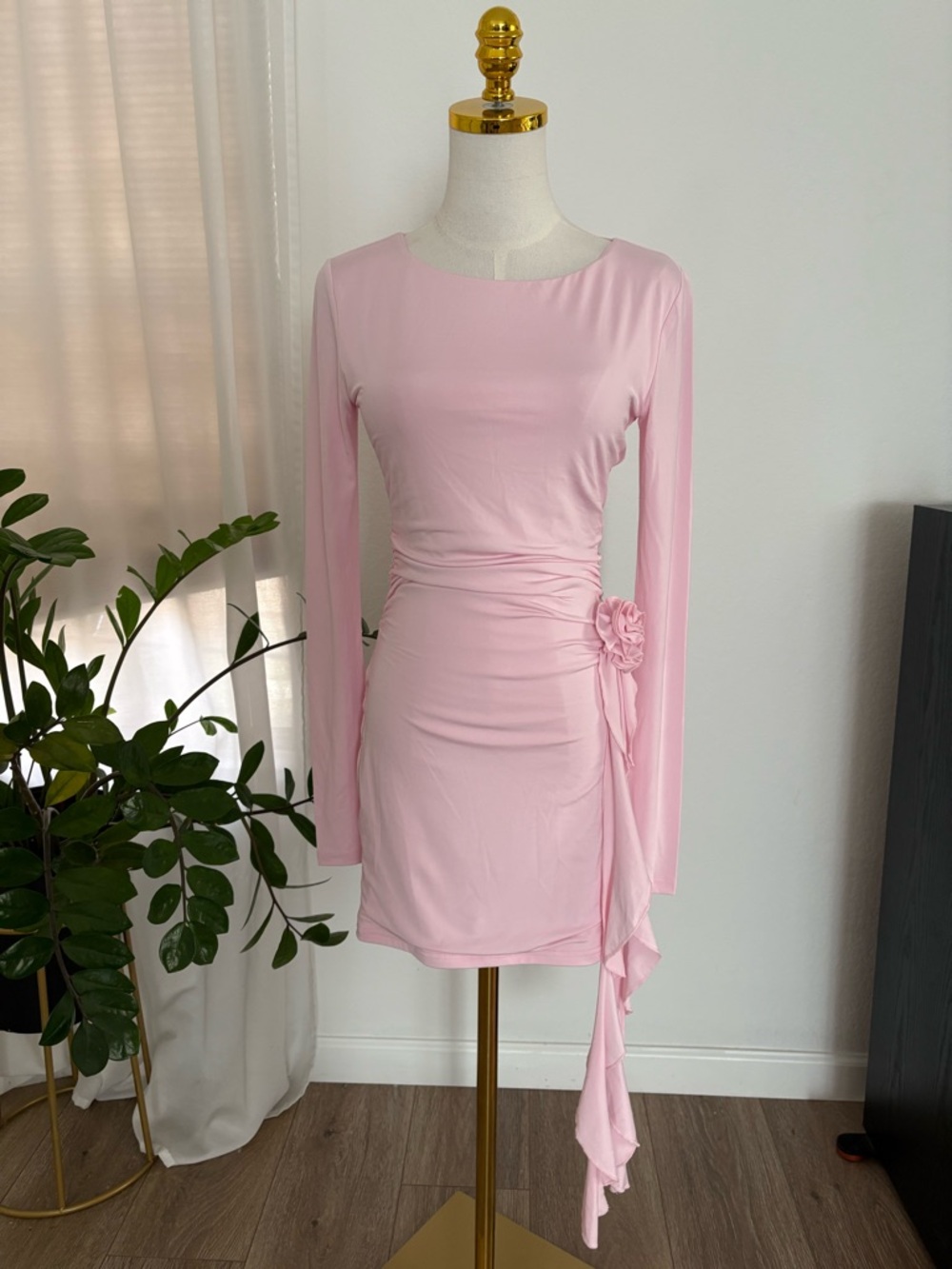 Long Sleeve Pink Ruched Side Dress with Floral Accent